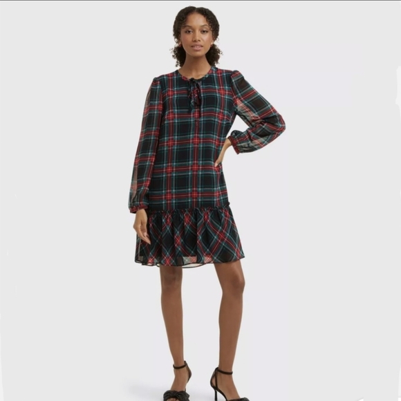 Draper James Tie Neck Flounce Shift Dress Plaid Longsleeve - Picture 13 of 13